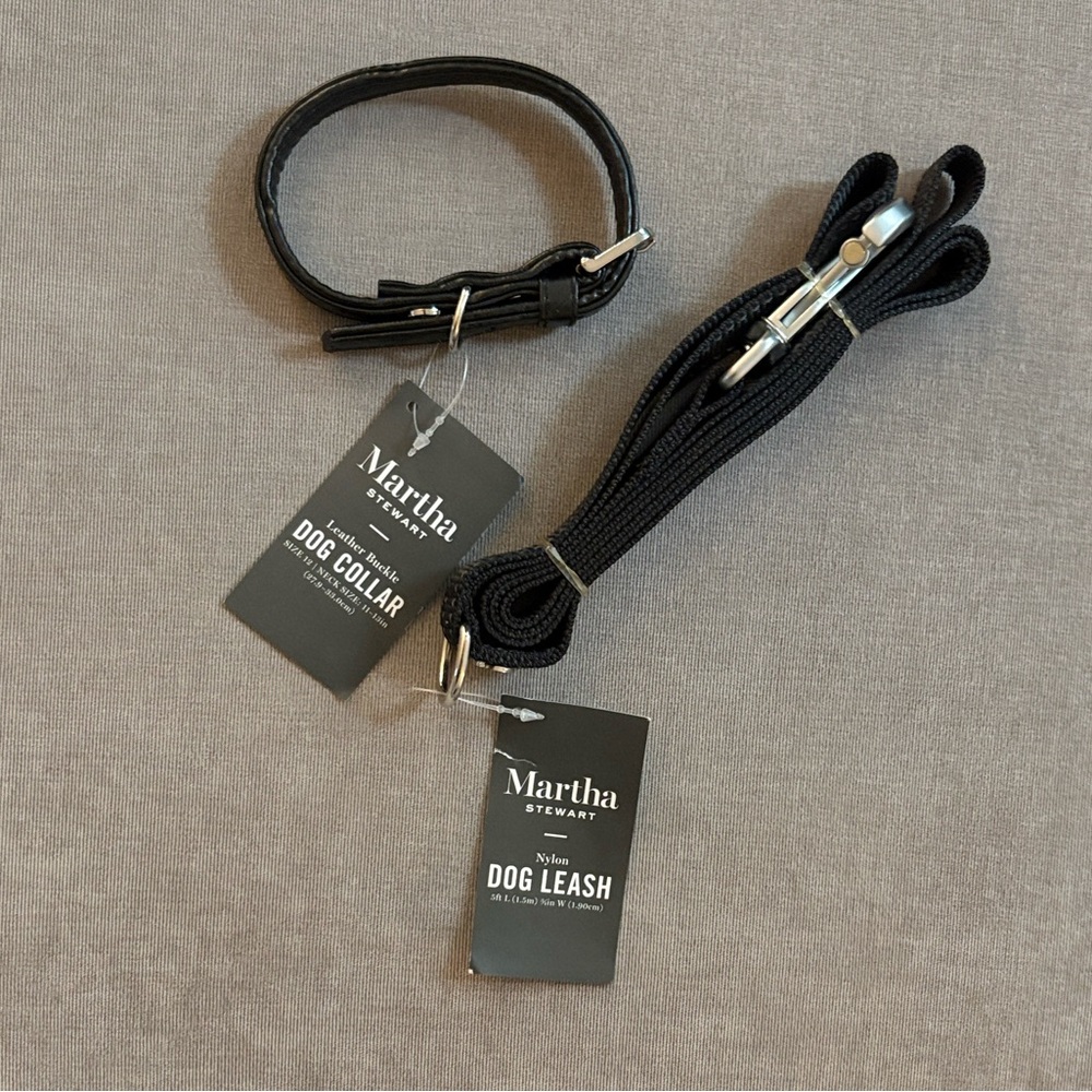NWT Lot of 2x [Martha Stewart] Black Leather Dog/Cat Collar & Nylon Leash XS - Picture 2 of 11